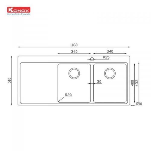 Kích thước chậu rửa bát Konox Turkey Miro 1160